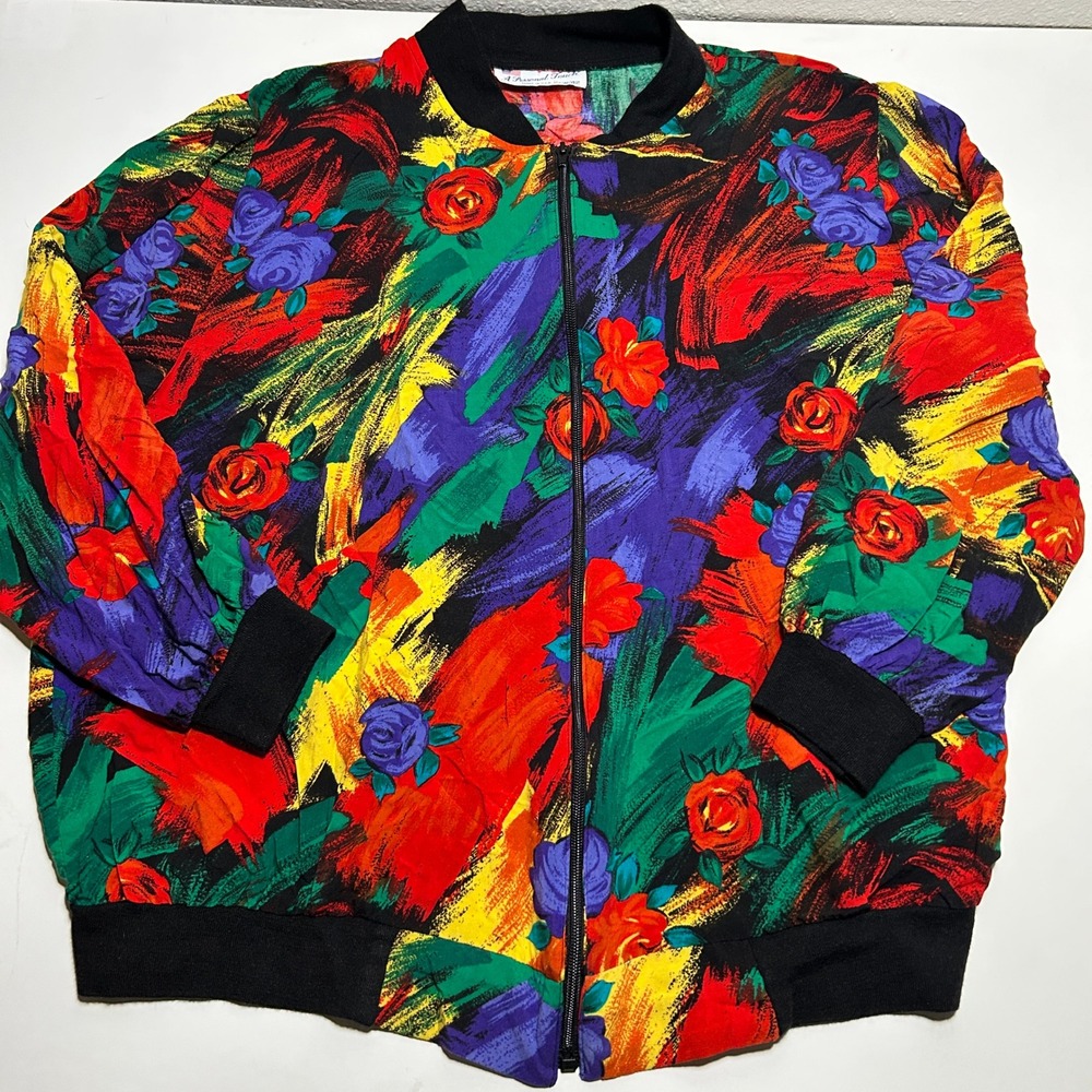 Vintage A Personal Touch Floral Bomber Jacket Plus Size 22W Multi Color USA Made